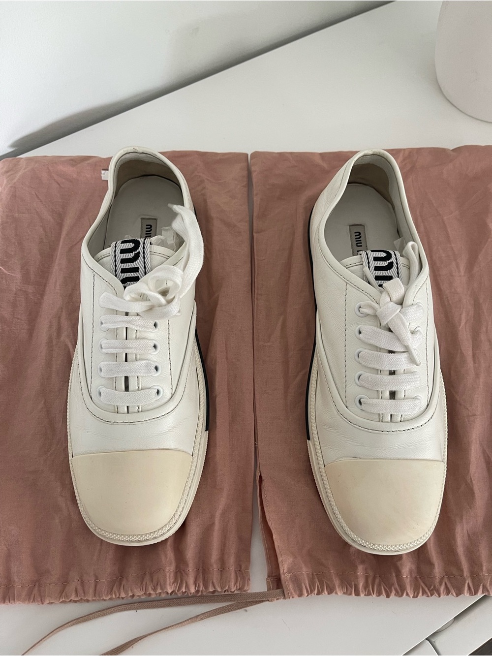 Miu Miu Cream and White Leather Low-Top Sneakers